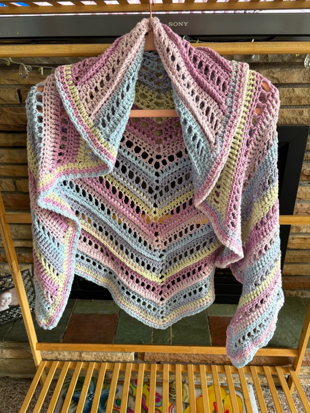 Pastel Crochet Shawl Cardigan - Multicolor Pink Blue Yellow - Women